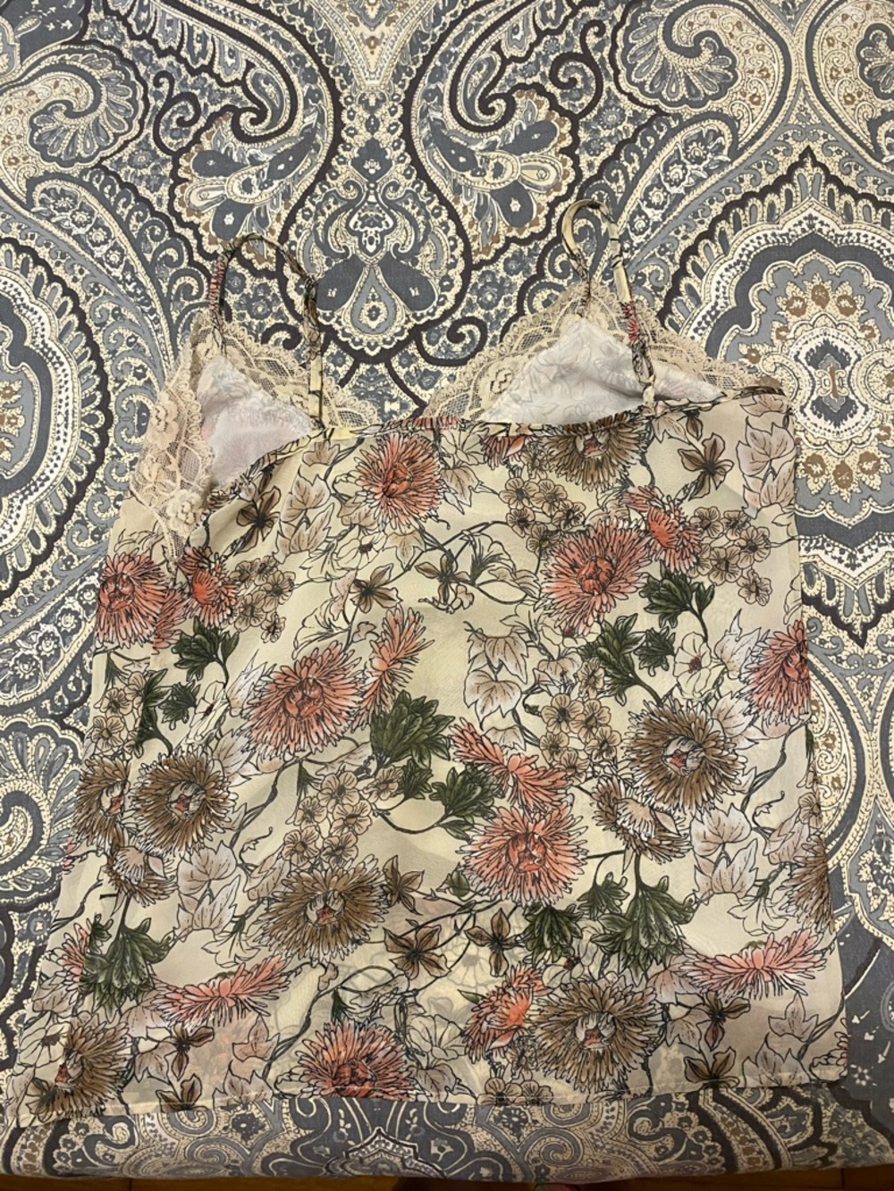 Floral Lace-Trim Cami Tank Top - Cream with Pink & Green Floral Print - Picture 2 of 5
